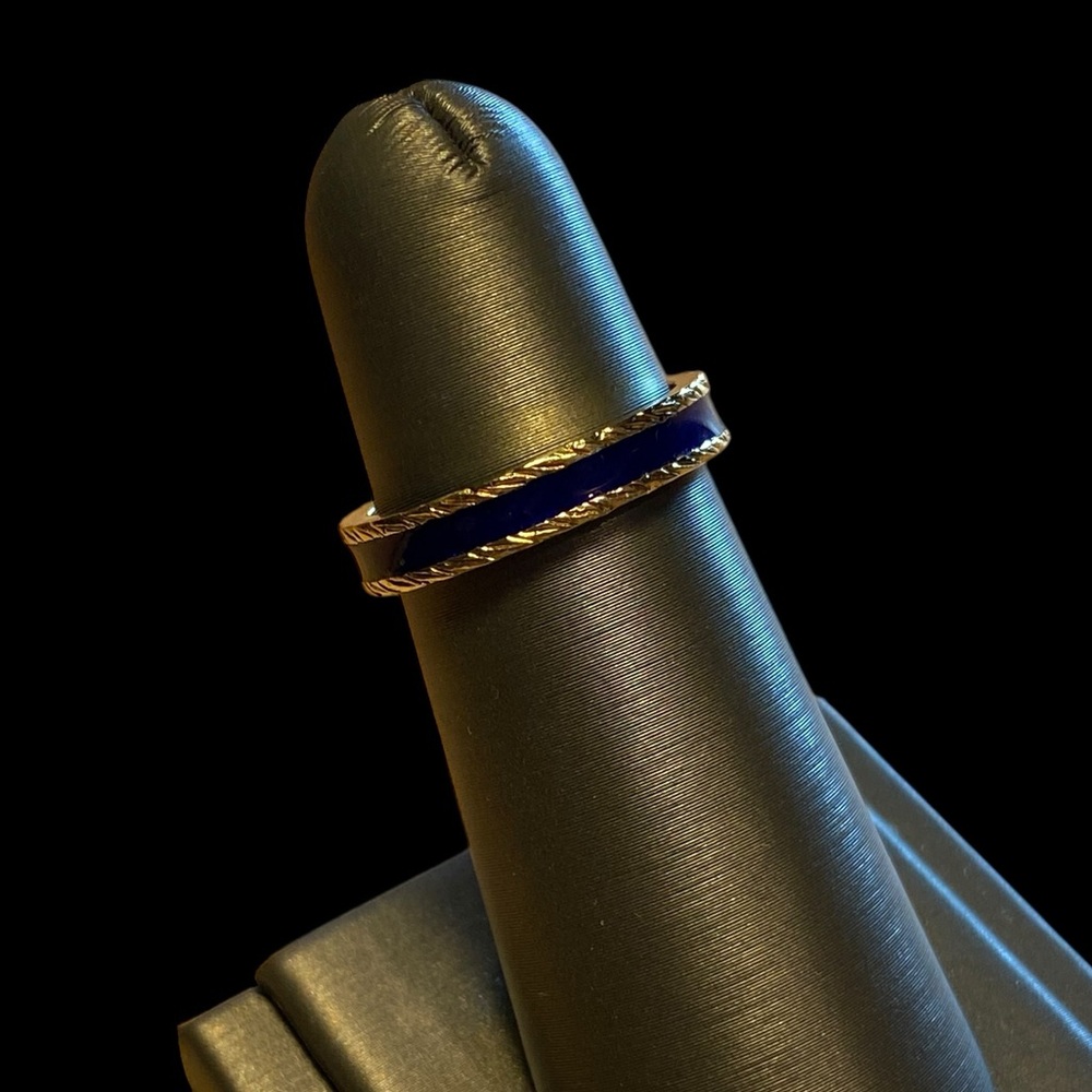 18K Plated Yellow Gold and Blue Enamel Ring - Size 6.5
